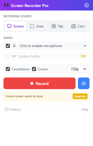 Actual Screen Recorder Pro extension popup