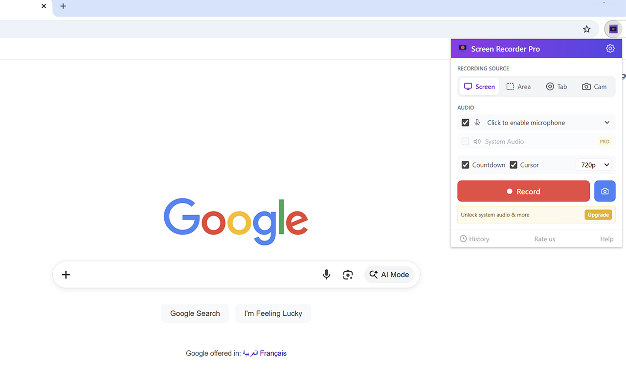 Actual Screen Recorder Pro popup shown over a Google page in Chrome